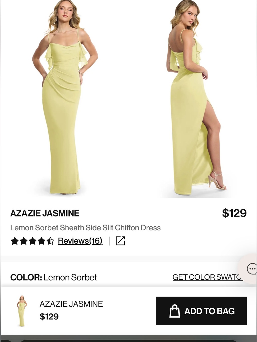 Azazie Jasmine Lemon Sorbet Sheath Chiffon Dress